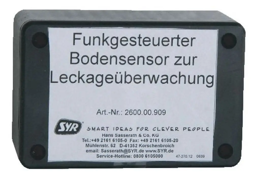 Funkferngesteuertes Sensormodul zur Leckageüberwachung, produziert von SYR. Gerät mit Artikelnr. 2600.00.909, gekennzeichnet durch ein weißes Etikett auf schwarzem Gehäuse.